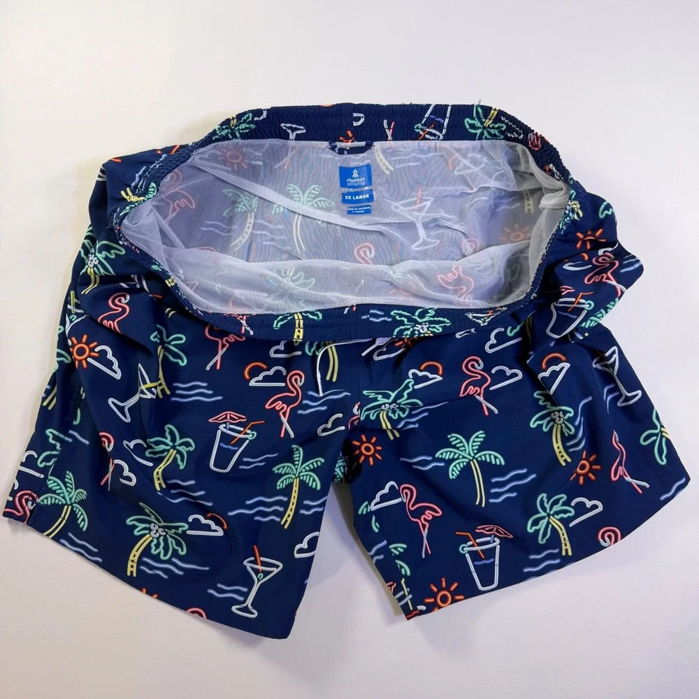 Chubbies Mens Navy Blue Neon Flamingo Palm Tree Print Swim Trunks Mesh Liner 3XL